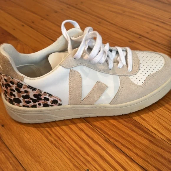 Veja Beige and White Athletic Shoes with Leopard Accent - Picture 6 of 7